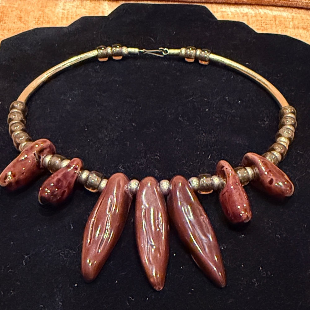 Brown and Gold Toned Mixed Material Choker Necklace